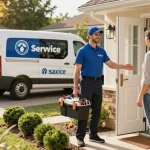 Servicios a domicilio profesional saludando al propietario con herramientas en un hogar soleado.