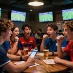 Experience the thrill of betting at Nhà cái 78WIN with friends enjoying live sports matches at a vibrant sports bar