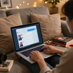 Engaging in nsfw chat on laptop with cozy decor in a warm atmosphere.