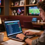 Person analyzing tỷ lệ kèo on laptop for sports betting strategy with notes and coffee in view.