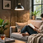 Stylish living room with a black floor lamp illuminating a cozy reading nook