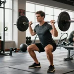 Hombre enérgico levantando pesas en el gimnasio Esteroidesshop, luz natural que realza la atmósfera enfocada del entrenamiento.