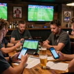 Engaging in sports betting on mobile app for keo nha cai hom nay amidst friends in a lively atmosphere.