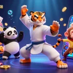 观看3D卡通功夫老虎大师在充满活力的赌场场景中表演鹤立姿势，场景中包含Telegram桌面端元素。