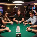 Players engage in a thrilling poker game at fly888's upscale casino, showcasing intense gameplay moments.