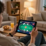 Engaging in cm88game online poker on a tablet in a cozy home setting, complete with snacks and warm lighting.