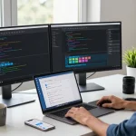 Developer using Telegram Web on dual monitors in a modern workspace