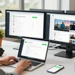 Using WhatsApp電腦版 at a modern workspace with dual monitors and stylish decor.