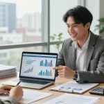 Friendly financial consultant explaining simulación hipotecas to client in a modern workspace with natural light.