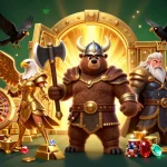Experience thrilling gaming at LLwin with a Viking bear and Valkyrie eagle surrounded by treasures.