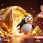 Experience thrilling gameplay with lode88 as a golden penguin jets towards a casino space station.