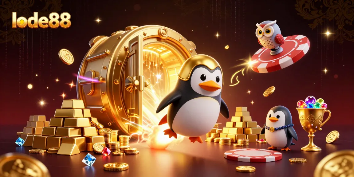 Experience thrilling gameplay with lode88 as a golden penguin jets towards a casino space station.