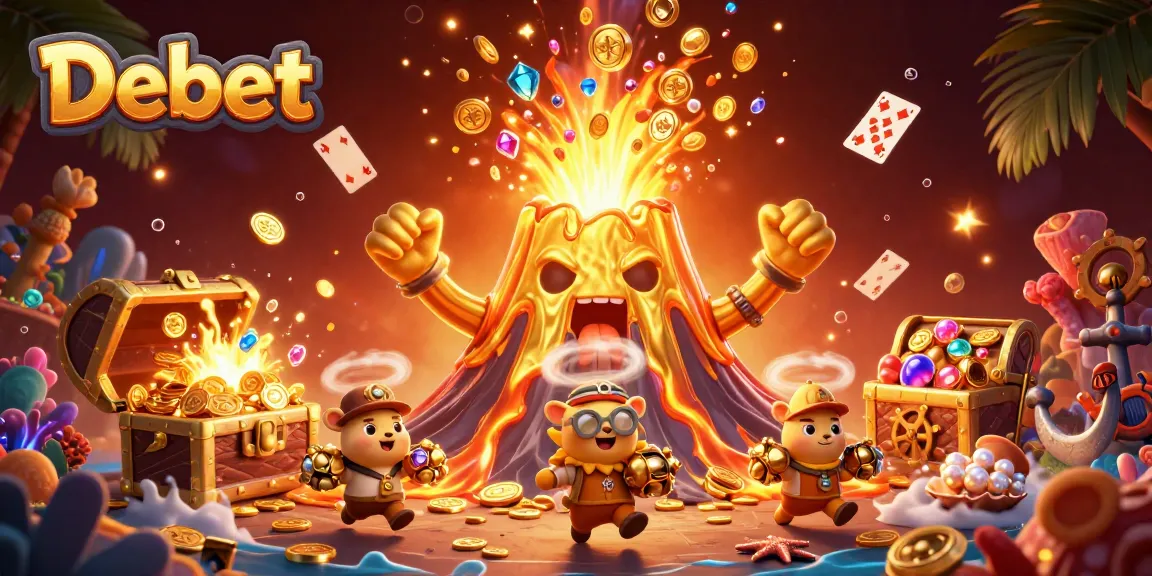 Experience the thrill of winning at Debet with a vibrant illustration featuring treasure, games, and lively characters.