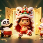 Engage with lode88's vibrant casino-themed illustration featuring lion dance and treasures.