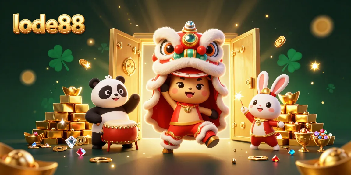 Engage with lode88's vibrant casino-themed illustration featuring lion dance and treasures.