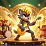 MB66 offers dazzling excitement as a cartoon wolf guitar player shines on stage surrounded by gold treasures.