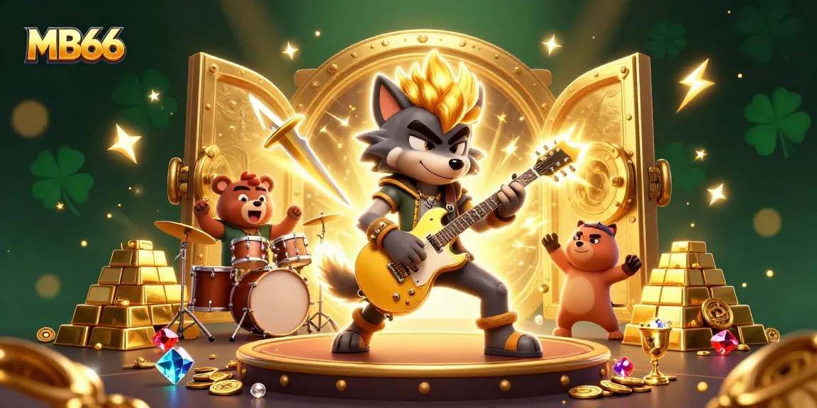 MB66 offers dazzling excitement as a cartoon wolf guitar player shines on stage surrounded by gold treasures.