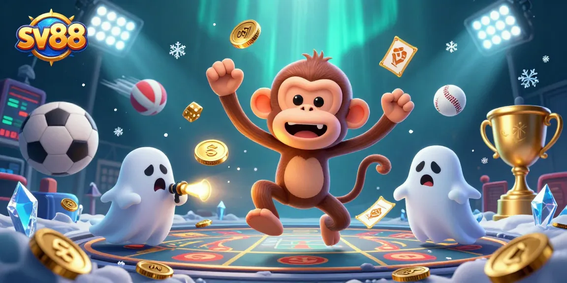 Engage in thrilling bets with sv88's lively casino scene featuring golden coins and sports elements.