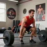 Entrenador levantando pesas en Esteroidesshop, ambiente de gimnasio energético.
