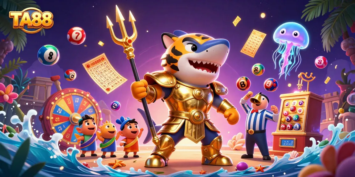 Engaging scene of TA88 featuring a tiger shark and lottery elements in a dynamic casino illustration.