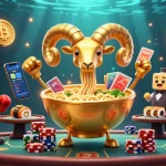 Engage with com in a dazzling casino scene featuring a colorful ramen bowl dealer amidst vibrant gaming elements.