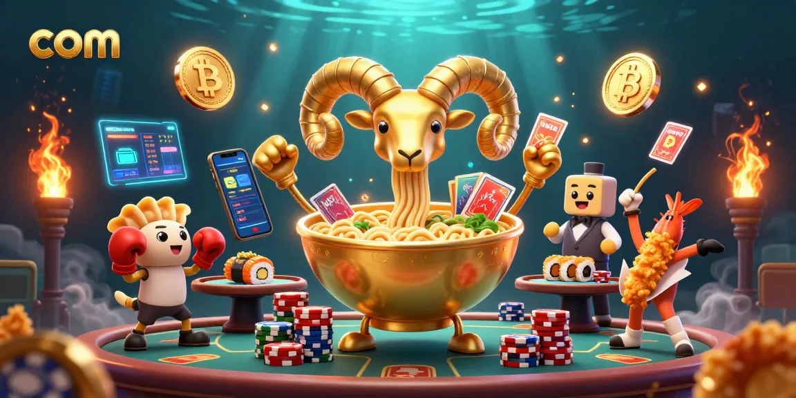 Engage with com in a dazzling casino scene featuring a colorful ramen bowl dealer amidst vibrant gaming elements.