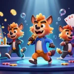 Xem bóng đá with hyenas in a vibrant casino scene, showcasing luck with spinning slots and coins.