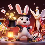 Experience the magic of o8 with a rabbit pulling coins, a dove, and a monkey in a vibrant casino illustration.