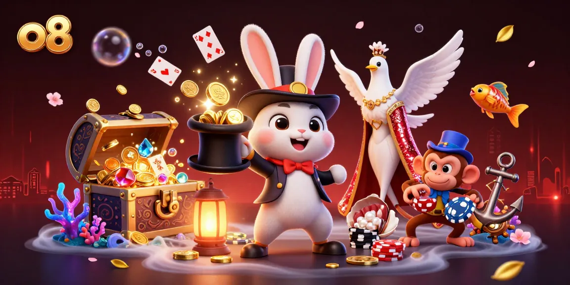 Experience the magic of o8 with a rabbit pulling coins, a dove, and a monkey in a vibrant casino illustration.