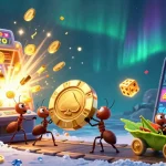 sv88 ants heist with golden poker chip in vibrant casino scene, including slot machine, confetti, and gold coins.