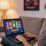 Engaged player enjoying Slotrave online casino from cozy home surroundings, vibrant gaming atmosphere.
