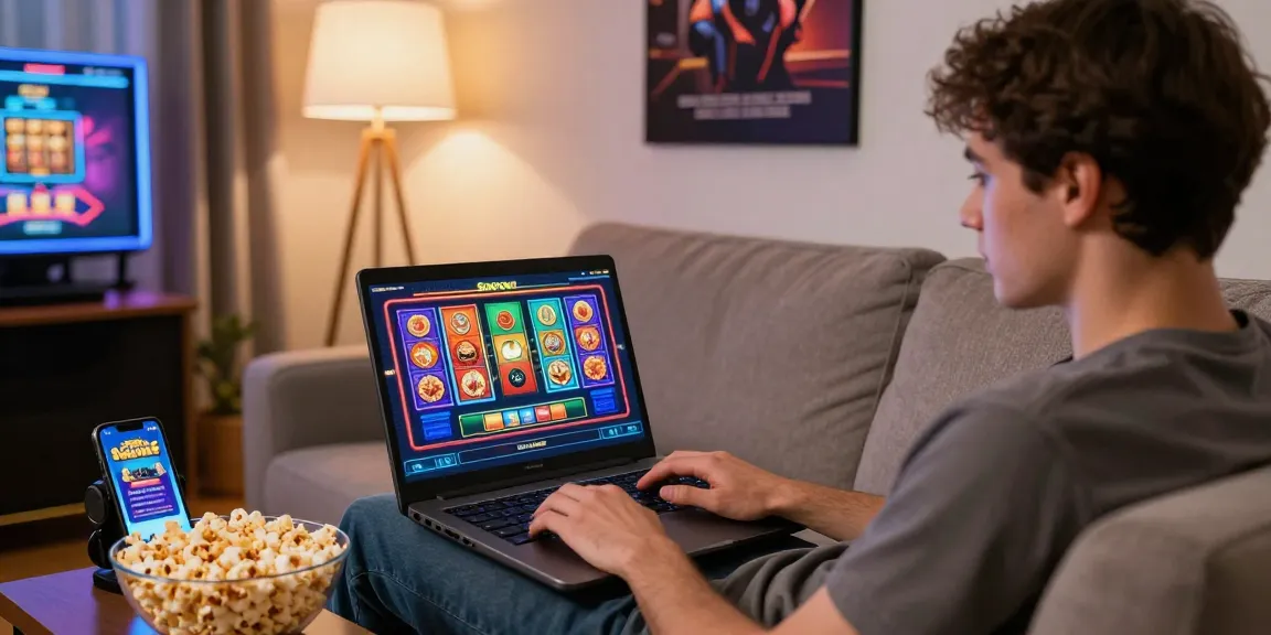 Engaged player enjoying Slotrave online casino from cozy home surroundings, vibrant gaming atmosphere.