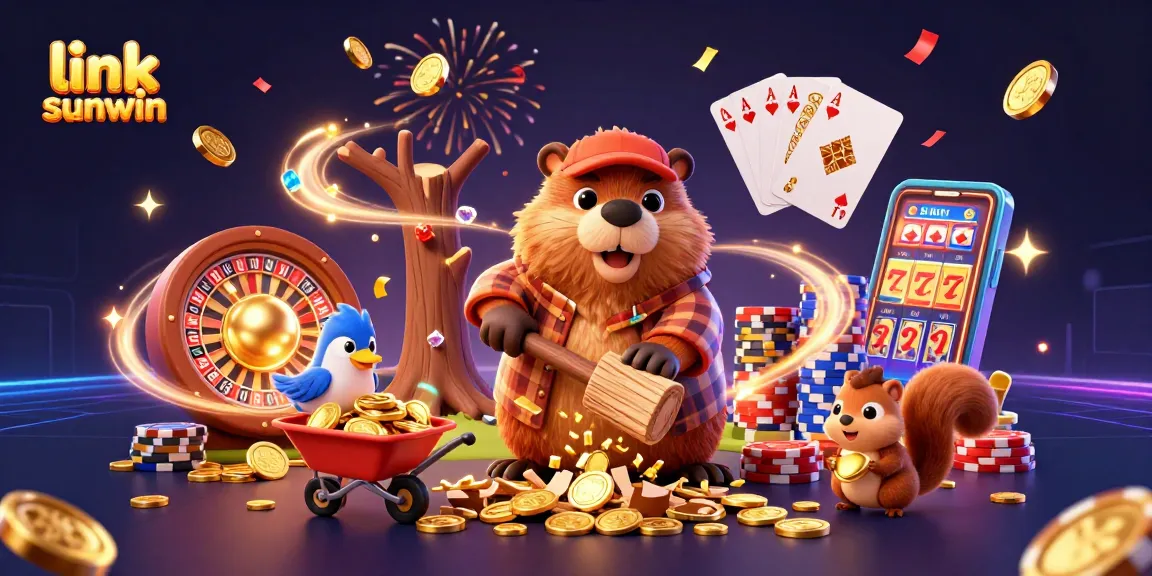 Experience the thrill of gaming with link sunwin as a cartoon beaver collects coins in a vibrant casino scene.