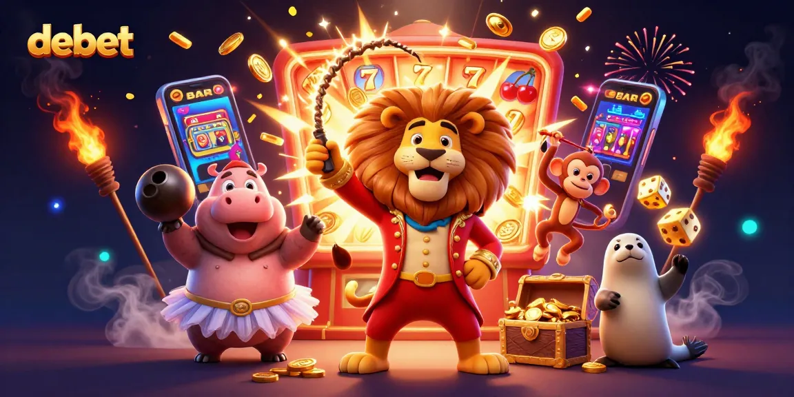 Debet jackpot celebration features circus-themed characters amidst vibrant casino game elements.