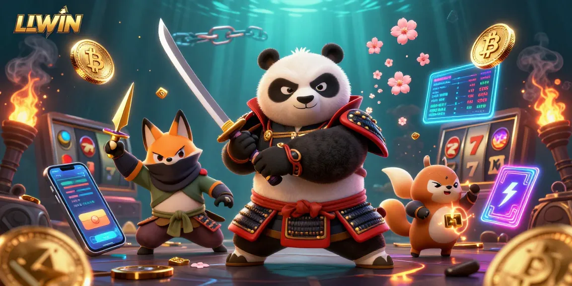 Experience LLWIN excitement with a dynamic 3D casino scene featuring a samurai panda and ninja fox.