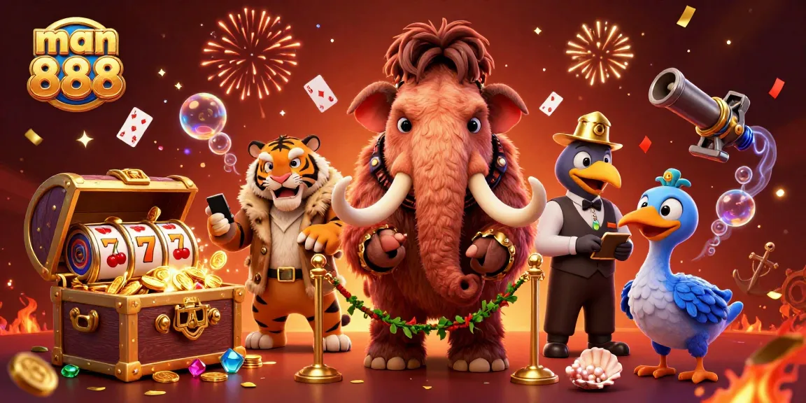 Experience the excitement of man 888 at the casino with a dynamic scene of characters and slots.