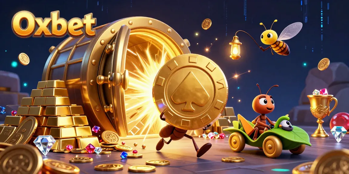 Oxbet's vibrant 3D illustration showing ants stealing a massive poker chip, symbolizing fun in gambling.
