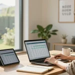 Simular hipoteca calculations in a bright home office with financial documents.