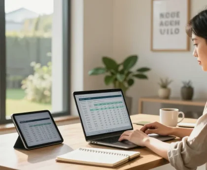Simular hipoteca calculations in a bright home office with financial documents.