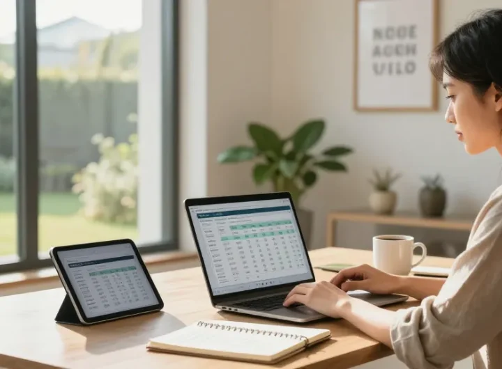 Simular hipoteca calculations in a bright home office with financial documents.
