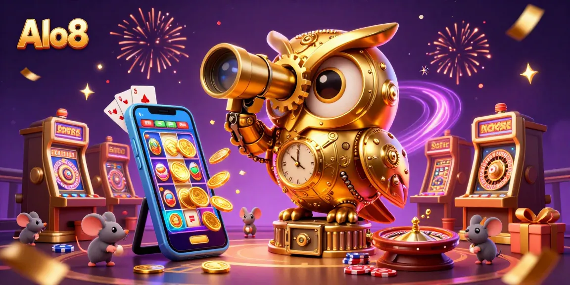 Alo8 captivates players with a clockwork owl overseeing a dynamic casino scene filled with vibrant games and treasures.