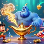 Experience the magic of aussie casino online with a vibrant 3D casino scene featuring a genie and poker chips.