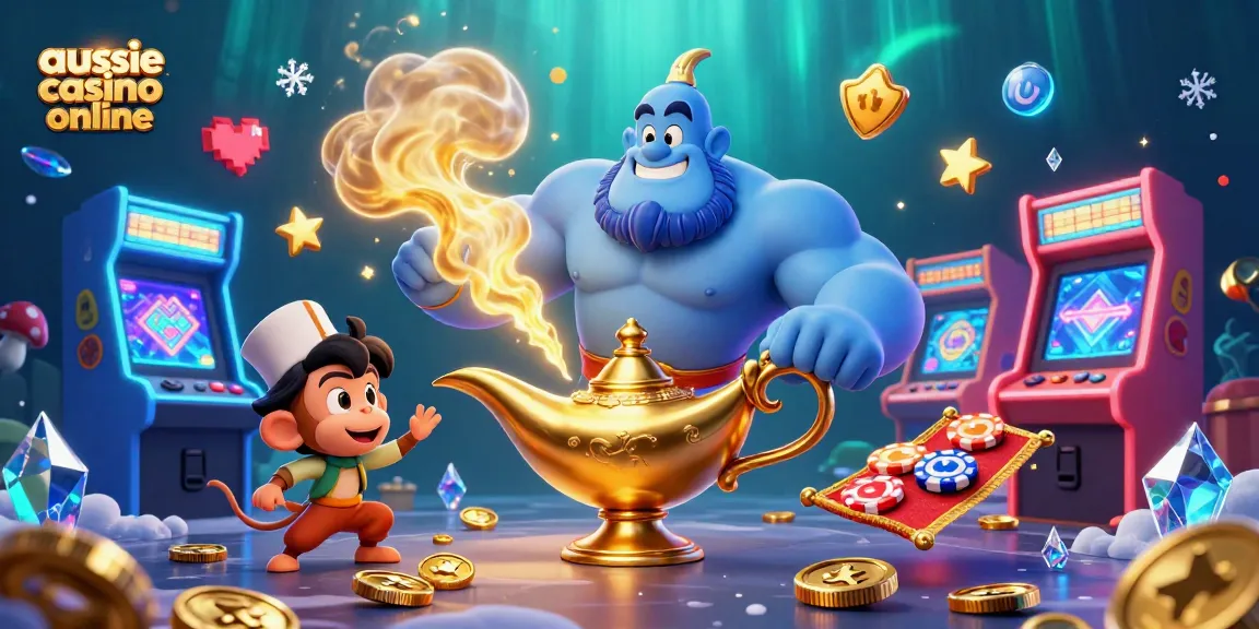 Experience the magic of aussie casino online with a vibrant 3D casino scene featuring a genie and poker chips.