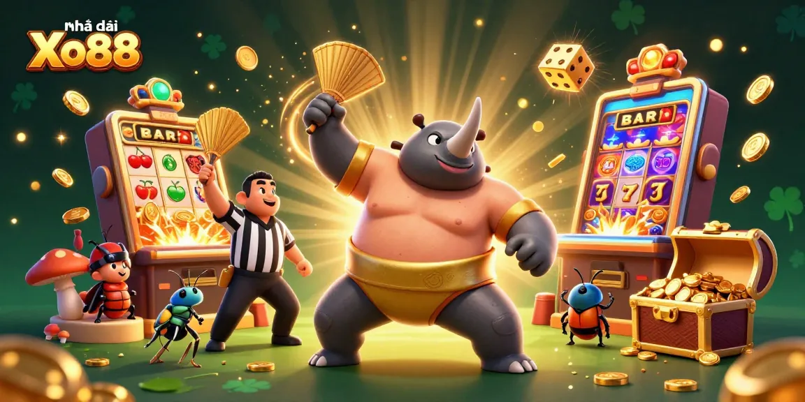Engage with Nhà cái Xo88 as a rhinoceros beetle sumo champion celebrates a jackpot explosion