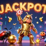 Situs judi bola dengan ilustrasi 3D detail tinggi menampilkan kumbang hercules di armor emas meraih chip poker, dikelilingi mesin permainan