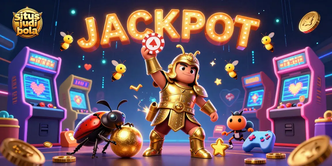 Situs judi bola dengan ilustrasi 3D detail tinggi menampilkan kumbang hercules di armor emas meraih chip poker, dikelilingi mesin permainan
