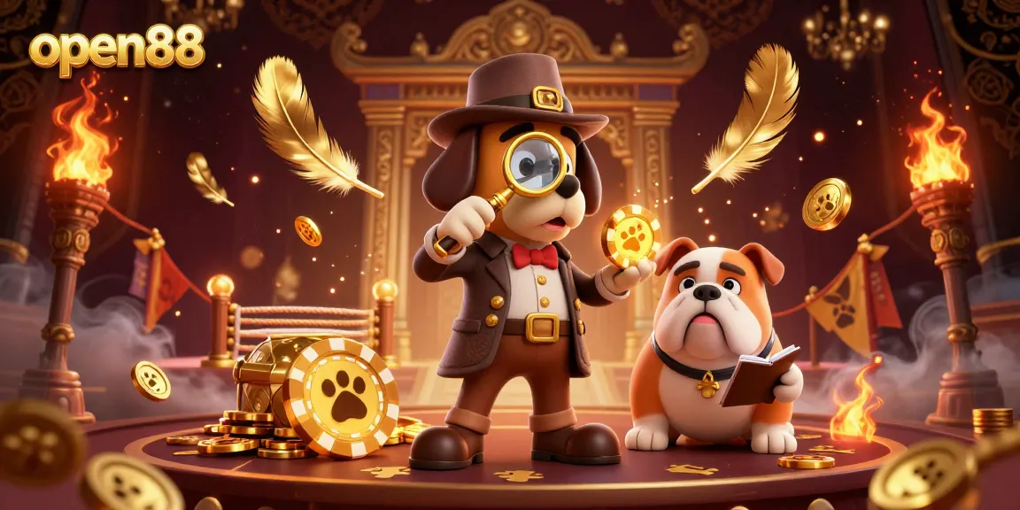 open88 showcases a vibrant 3D casino scene with a detective and clues shining gold.