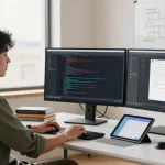 Build internal tools with AI in a modern workspace with developers coding, collaborating on designs in a productive atmosphere.
