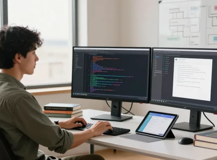Build internal tools with AI in a modern workspace with developers coding, collaborating on designs in a productive atmosphere.