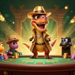 Experience gaming excitement at DEBET with a velociraptor card counter and vibrant casino elements.